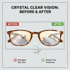 Before and after view of dirty lenses restored by lens cleaners for eyeglasses