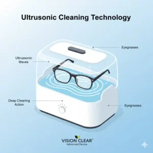 An ultrasonic glasses cleaner device using water and specialized solution to deep clean eyewear frames.