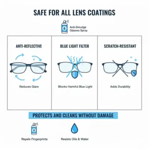 Visual proof that this anti smudge glasses spray is safe for all lens coatings including anti-reflective and blue light.