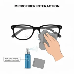 Illustration of a soft microfiber cloth wiping away liquid residue from a spray for spectacles for a lint-free finish.
