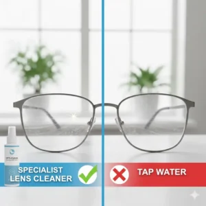 Side-by-side comparison of a lens cleaned with water versus a lens cleaned with a professional lens cleaner for spectacles.