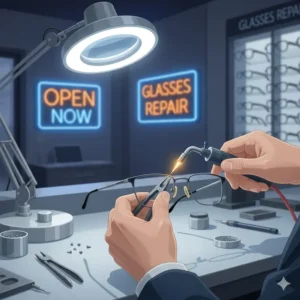 Close-up of a specialist fixing a broken frame at a glasses repair near me open now location.