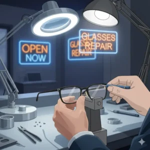 Skilled optician adjusting and tightening frames at a glasses repair near me open now service center.