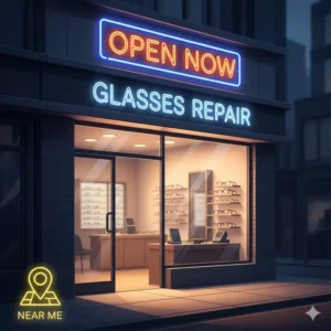 Optical store exterior with an open sign promoting glasses repair near me open now for customers.