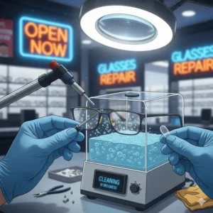 Deep cleaning frames with ultrasonic technology at a glasses repair near me open now repair lab.