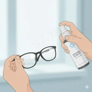 Close-up illustration showing how to spray eyeglass lens cleaner spray onto a pair of spectacles.