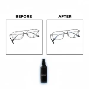 A clear comparison showing results after using the best anti reflective lens cleaner on smudged eyewear.