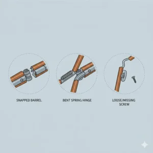 An illustration of different types of damage requiring an eyeglasses hinge replacement