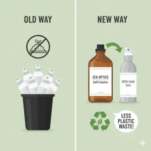 An infographic showing how choosing a glasses cleaner spray refill helps reduce plastic waste significantly.