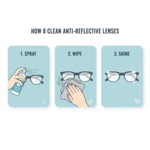 Illustration showing the step-by-step process of applying anti reflective eyeglass cleaner to coated lenses.