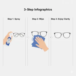 A step-by-step infographic showing how to properly apply spectacle lens cleaner spray to eyewear.