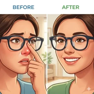 Side-by-side comparison of plastic glasses sliding down a nose versus staying in place with adhesive nosepads.
