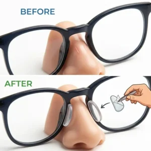 Close-up of D-shape adhesive silicone nosepads for plastic frames showing the peel-and-stick backing