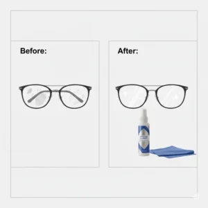A side-by-side comparison of blurry and clear lenses after using spectacle lens cleaner spray.