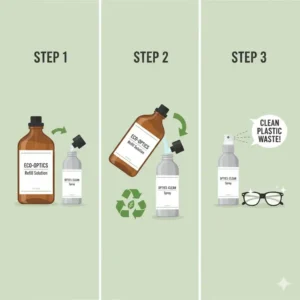 A step-by-step guide on how to pour a bulk glasses cleaner spray refill into a smaller bottle.