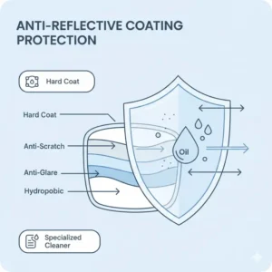 A diagram showing how a specialized anti reflective eyeglass cleaner protects the delicate layers of an anti-reflective coating.