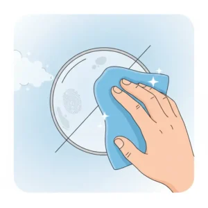 An illustration of a lens being wiped perfectly clear with eyeglass lens cleaner spray and a cloth.
