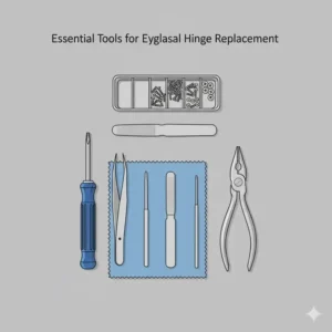Essential precision tools laid out for a DIY eyeglasses hinge replacement project.