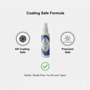 Graphic highlighting the safety of spectacle lens cleaner spray on AR and polarized coatings.