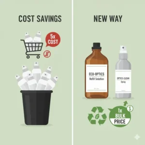 A price comparison showing the long-term savings of buying a glasses cleaner spray refill over new bottles.