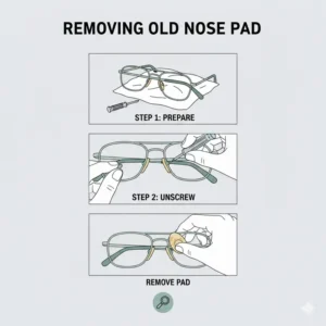 A step-by-step guide on safely removing a worn-out pad nose from metal glasses frames.