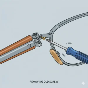 Step-by-step guide showing how to remove a broken screw during eyeglasses hinge replacement.