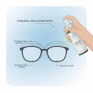Diagram showing eyeglass lens cleaner spray being used safely on anti-reflective and blue light coatings.