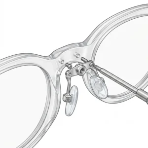 Technical illustration of a metal bridge adapter being installed on a plastic frame to allow for screw-in nosepads