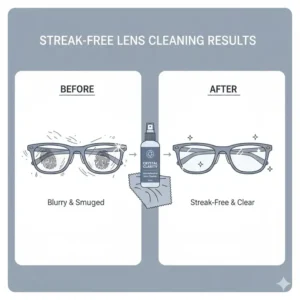 Side-by-side comparison of a blurry lens versus a lens cleaned with anti reflective eyeglass cleaner.