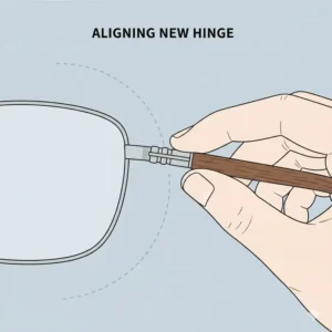 Detailed view of aligning the new components for an eyeglasses hinge replacement.