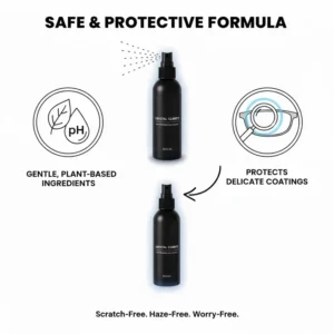 Graphic showing the gentle and protective formula of the best anti reflective lens cleaner for delicate coatings.