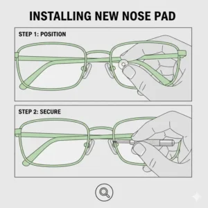 Demonstration of how to easily install a brand new replacement pad nose on eyewear.