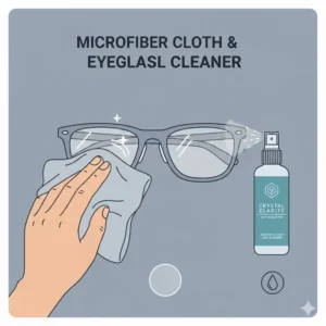 An illustration of a microfiber cloth being used with anti reflective eyeglass cleaner for a smudge-free finish.