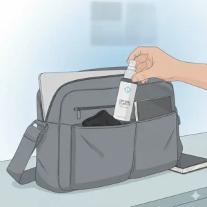 Illustration of a travel-sized eyeglass lens cleaner spray bottle being tucked into a purse or laptop bag.