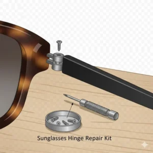 Tools and screws used in a DIY repair kit for a loose sunglasses hinge.