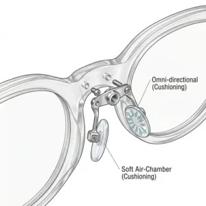 Diagram of an air-chamber silicone nosepad designed to reduce pressure on the bridge of the nose for plastic eyewear.