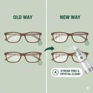 A before and after visual showcasing the crystal clear results of this glasses cleaner spray refill formula.