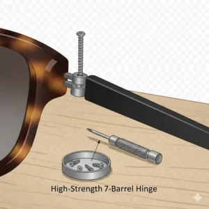 Illustration of a high-strength 7-barrel sunglasses hinge for luxury glasses.