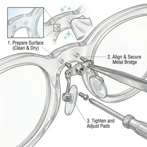 Instructional graphic showing how to clean the bridge of plastic frames before applying new nosepads.
