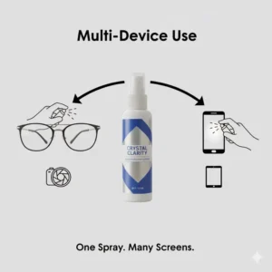 Illustration showing that spectacle lens cleaner spray can be used on smartphones and camera lenses