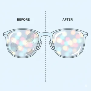 Split-screen illustration comparing a smudged lens to a crystal-clear lens after using eyeglass lens cleaner spray.