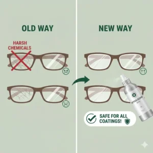 A graphic confirming that the glasses cleaner spray refill is safe for all types of lens coatings.