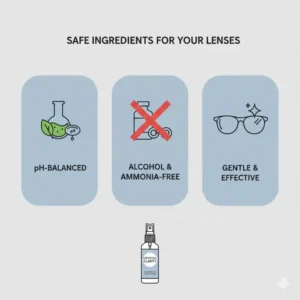 Infographic highlighting the pH-balanced and alcohol-free ingredients in a safe anti reflective eyeglass cleaner.