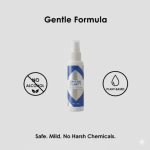 Icon set showcasing the alcohol-free and gentle ingredients of this spectacle lens cleaner spray.