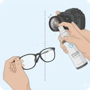Illustration showing the eyeglass lens cleaner spray being used on both eyeglasses and a professional camera lens.