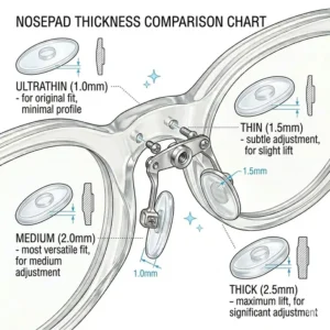 A chart comparing 1mm to 2.5mm thickness options for nosepads for plastic frames to help with fit adjustment.