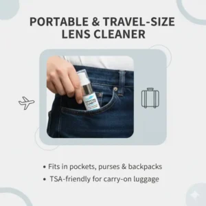 Illustration of a portable travel-size anti reflective eyeglass cleaner fitting easily into a pocket.