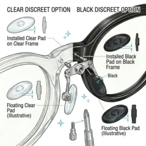 Visual showing clear nosepads on transparent frames and black nosepads on dark plastic frames for a seamless look.