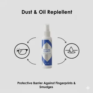 Infographic explaining the protective barrier created by spectacle lens cleaner spray against fingerprints.