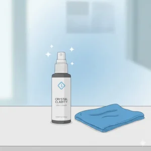 Illustration of a premium eyeglass lens cleaner spray paired with a high-quality microfiber cleaning cloth.